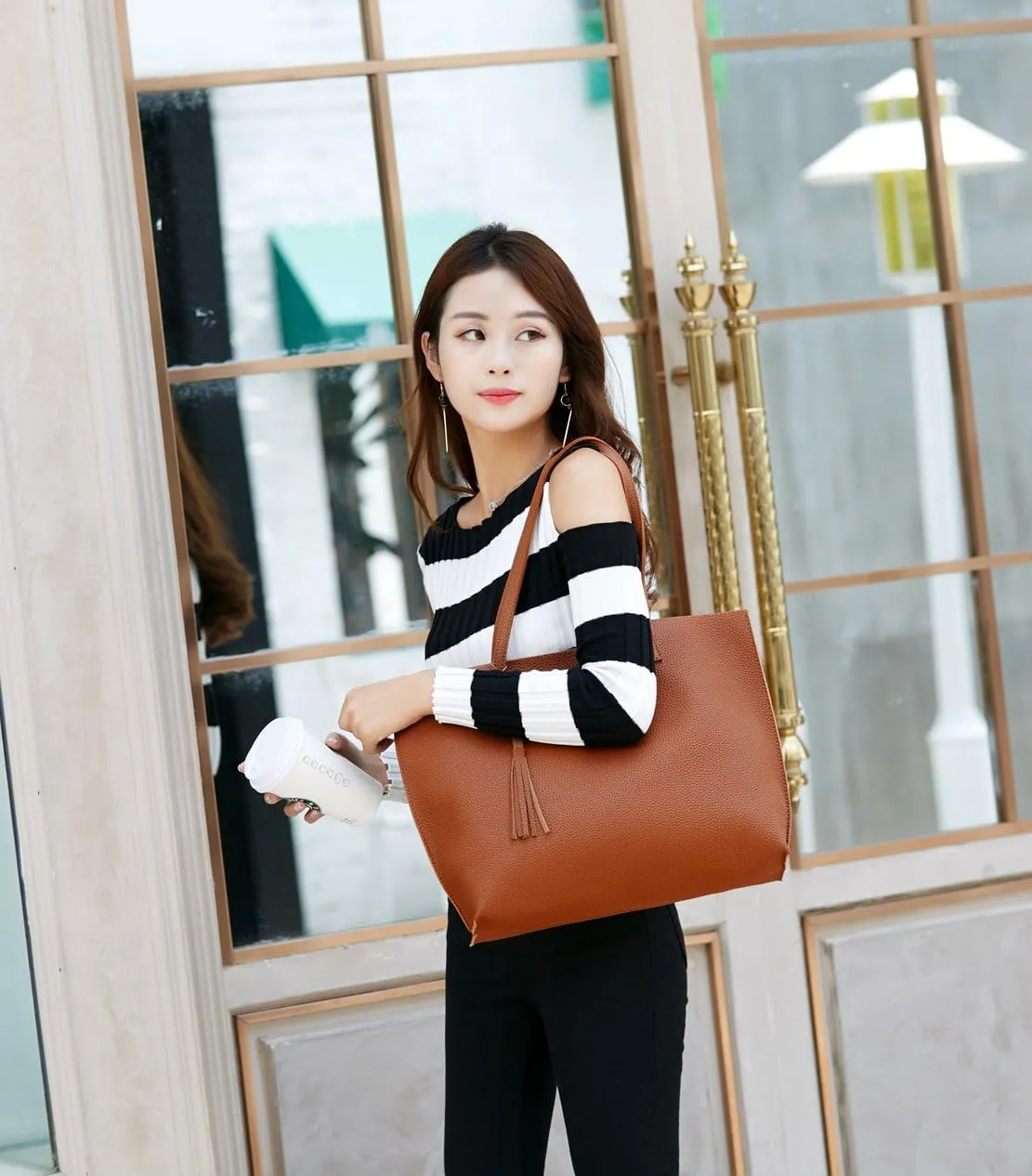 Dreubea Women's Soft Faux Leather Tote Shoulder Bag from, Big Capacity Tassel Handbag
