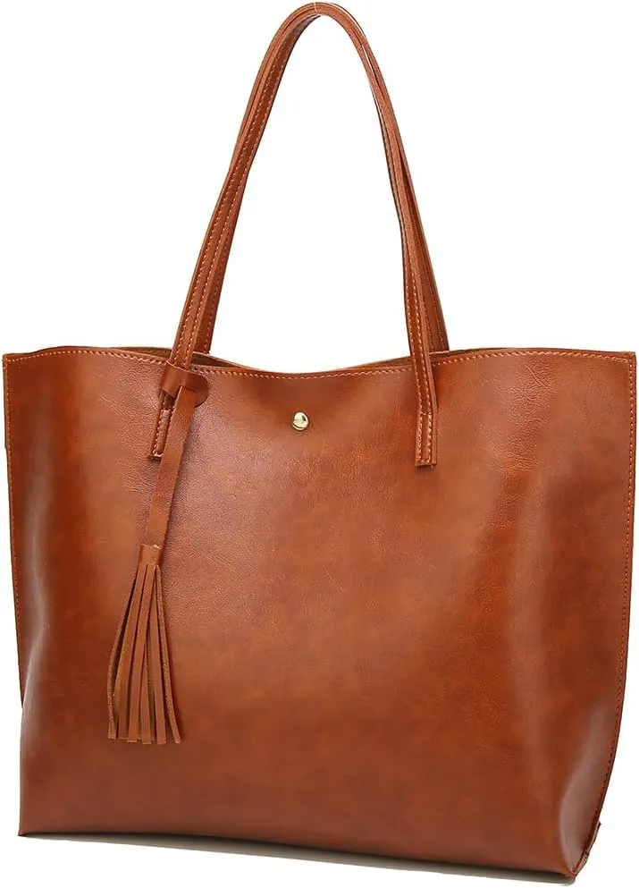 Dreubea Women's Soft Faux Leather Tote Shoulder Bag from, Big Capacity Tassel Handbag