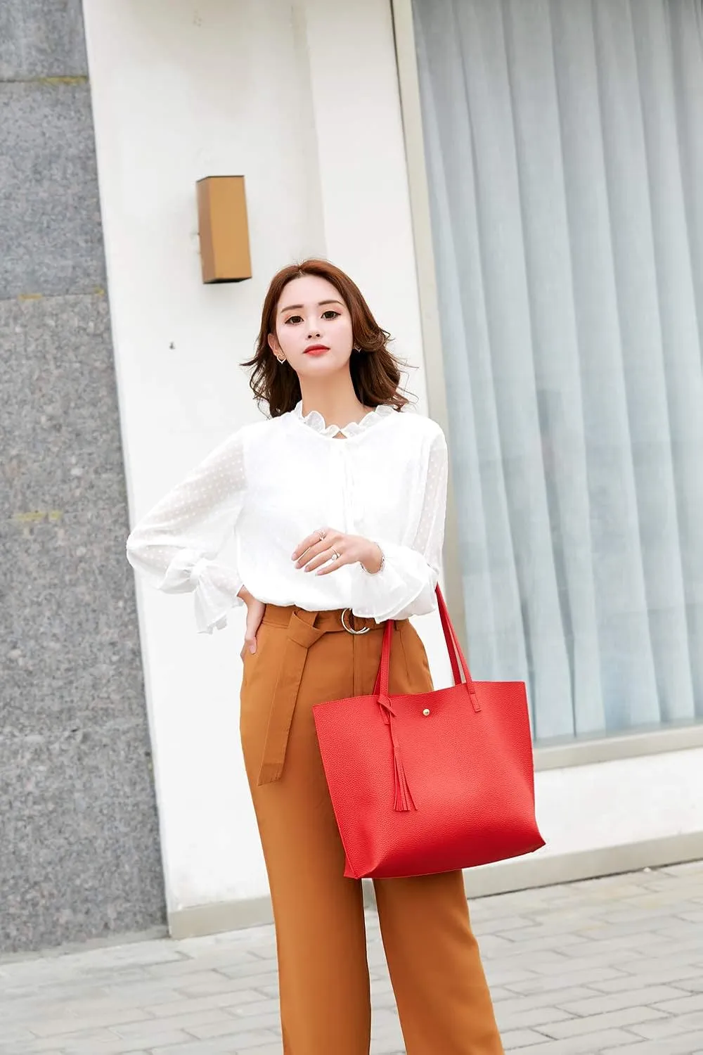 Dreubea Women's Soft Faux Leather Tote Shoulder Bag from, Big Capacity Tassel Handbag