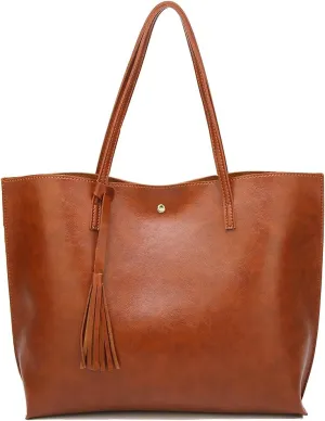 Dreubea Women's Soft Faux Leather Tote Shoulder Bag from, Big Capacity Tassel Handbag