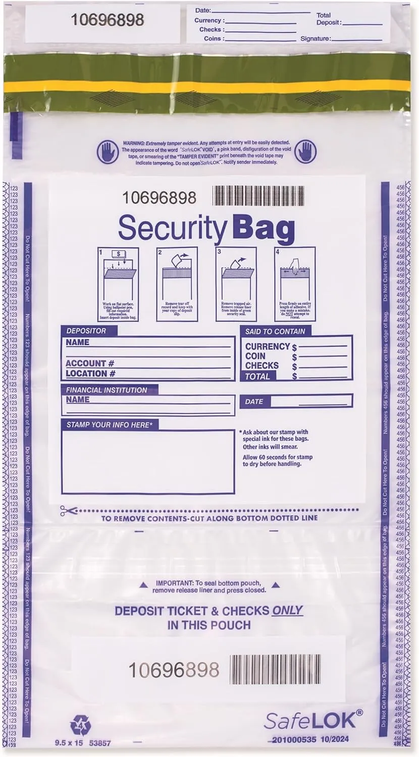 Dual Pocket Clear Security Deposit Bag with Unique Serial Numbers