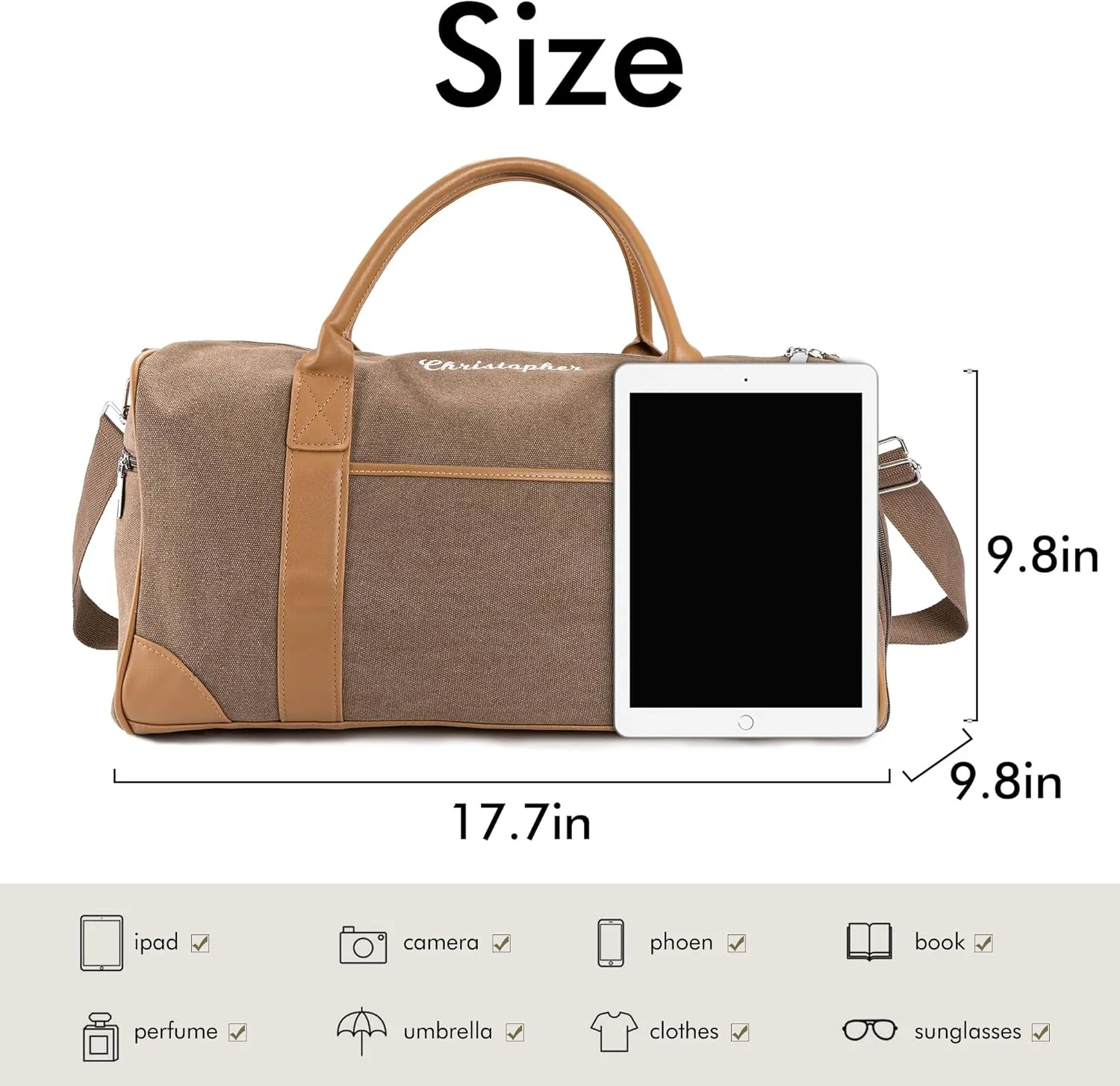 Duffle Bag for Men, Personalized Overnight Bags, Travel Bag with Leather Handle, Canvas Weekender Overnight Bag with Shoe Compartment, Custom Groomsmen Gift for Travel Camping Moving (Brown)