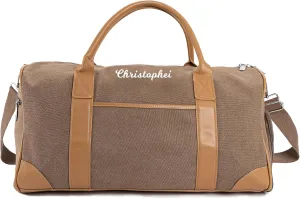 Duffle Bag for Men, Personalized Overnight Bags, Travel Bag with Leather Handle, Canvas Weekender Overnight Bag with Shoe Compartment, Custom Groomsmen Gift for Travel Camping Moving (Brown)