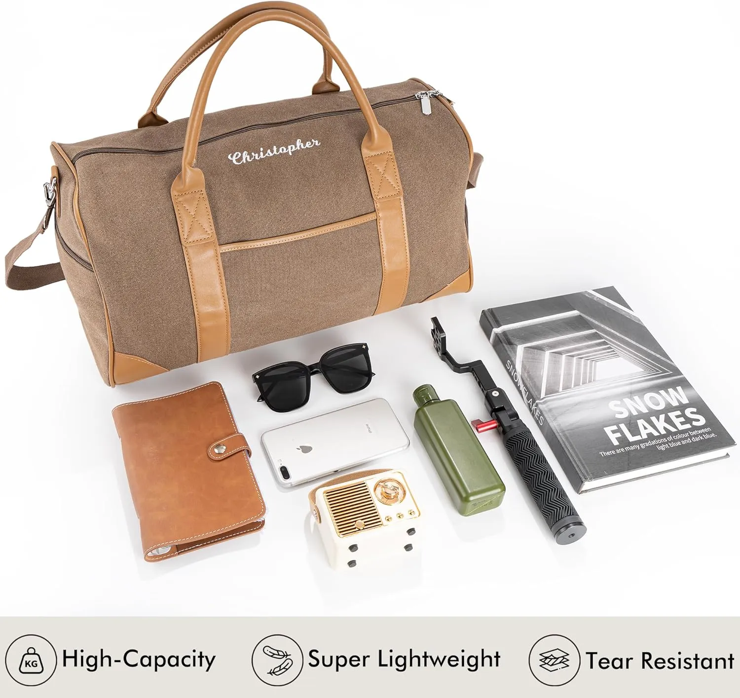 Duffle Bag for Men, Personalized Overnight Bags, Travel Bag with Leather Handle, Canvas Weekender Overnight Bag with Shoe Compartment, Custom Groomsmen Gift for Travel Camping Moving (Brown)