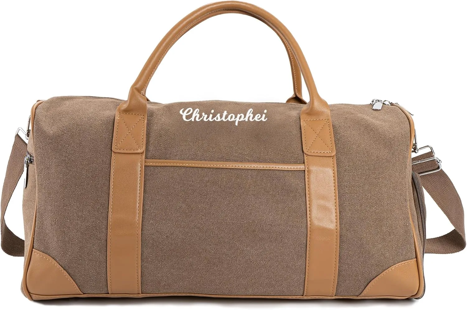 Duffle Bag for Men, Personalized Overnight Bags, Travel Bag with Leather Handle, Canvas Weekender Overnight Bag with Shoe Compartment, Custom Groomsmen Gift for Travel Camping Moving (Brown)