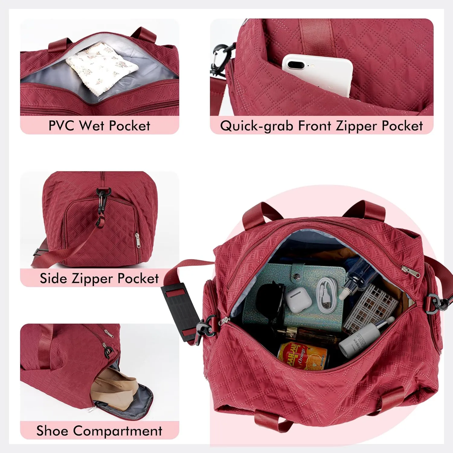 Duffle Bag for Women Personalized Weekender Bags for Women Girls Quilted Travel Duffle Bag Monogrammed Overnight Bags for Women Duffel Bag Hospital Bag for Women Labor Delivery (Dark Red)