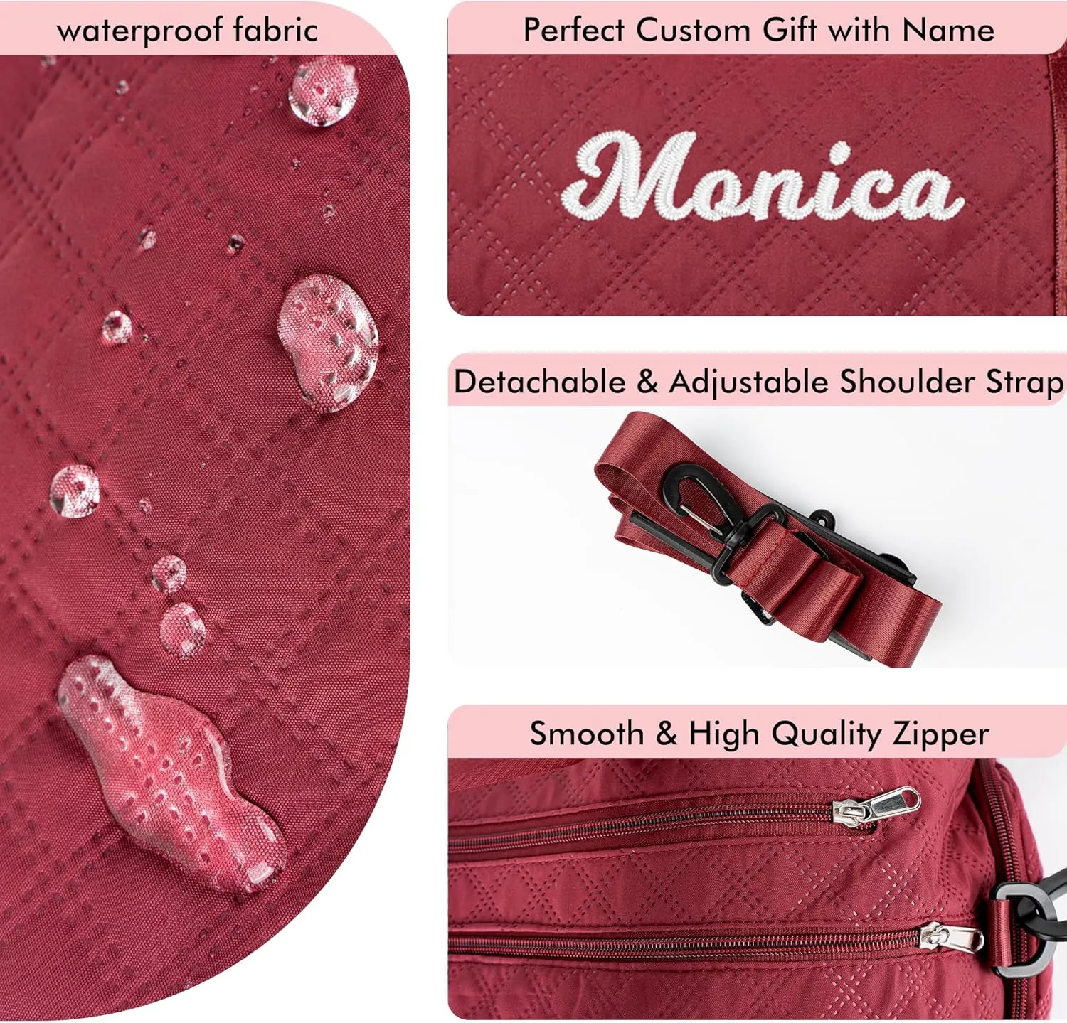 Duffle Bag for Women Personalized Weekender Bags for Women Girls Quilted Travel Duffle Bag Monogrammed Overnight Bags for Women Duffel Bag Hospital Bag for Women Labor Delivery (Dark Red)