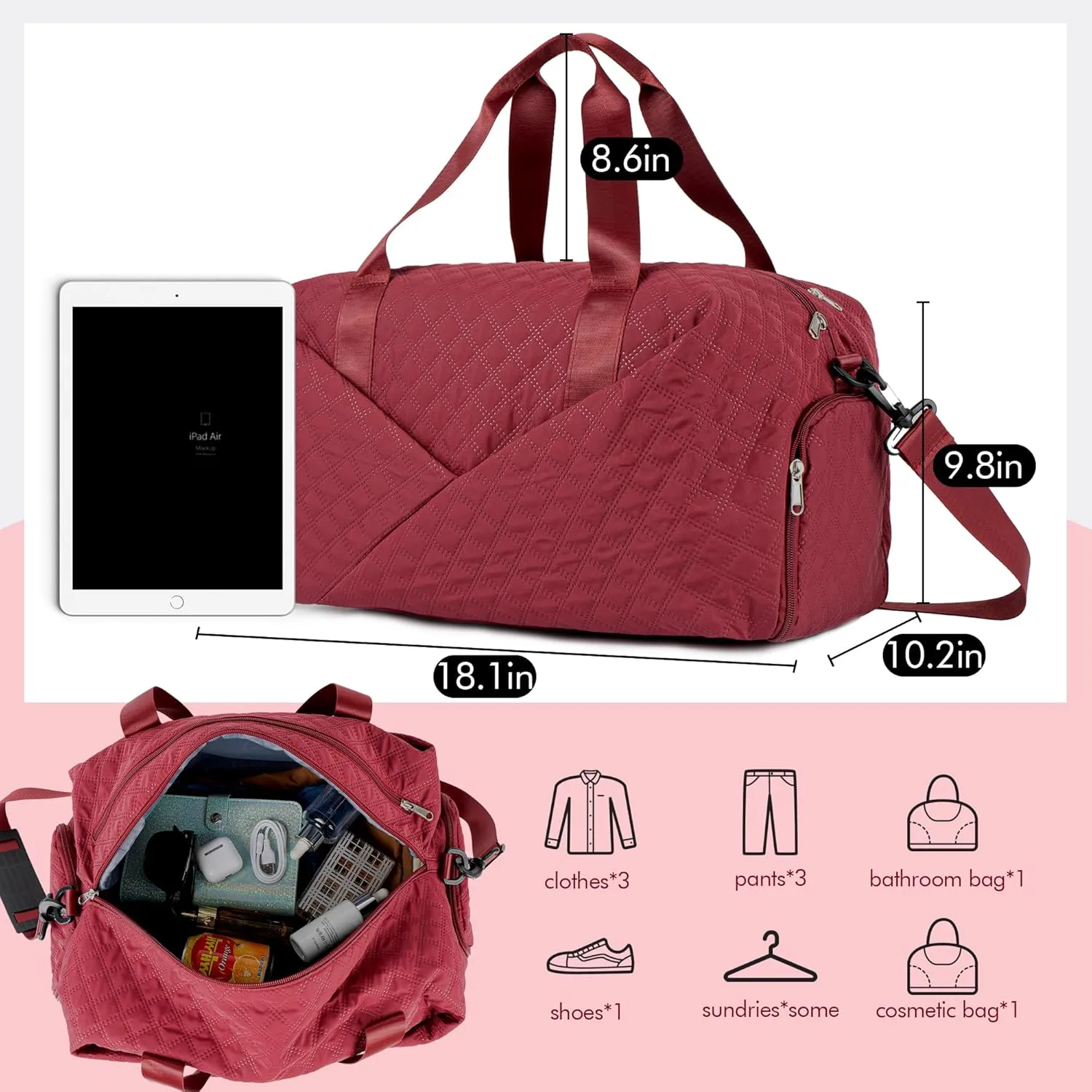 Duffle Bag for Women Personalized Weekender Bags for Women Girls Quilted Travel Duffle Bag Monogrammed Overnight Bags for Women Duffel Bag Hospital Bag for Women Labor Delivery (Dark Red)