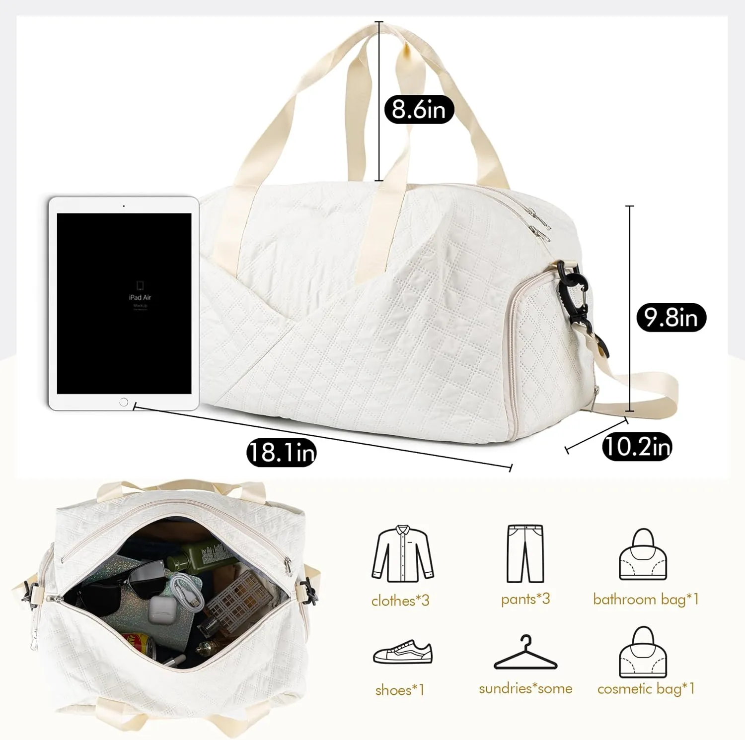 Duffle Bag for Women Personalized Weekender Bags for Women Girls Quilted Travel Duffle Bag Monogrammed Overnight Bags for Women Duffel Bag Hospital Bag for Women Labor Delivery (White)
