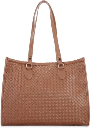 E Woven Pattern Tote Bag for Women Vegan Leather Top Handle Handbag