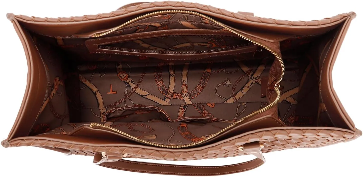 E Woven Pattern Tote Bag for Women Vegan Leather Top Handle Handbag