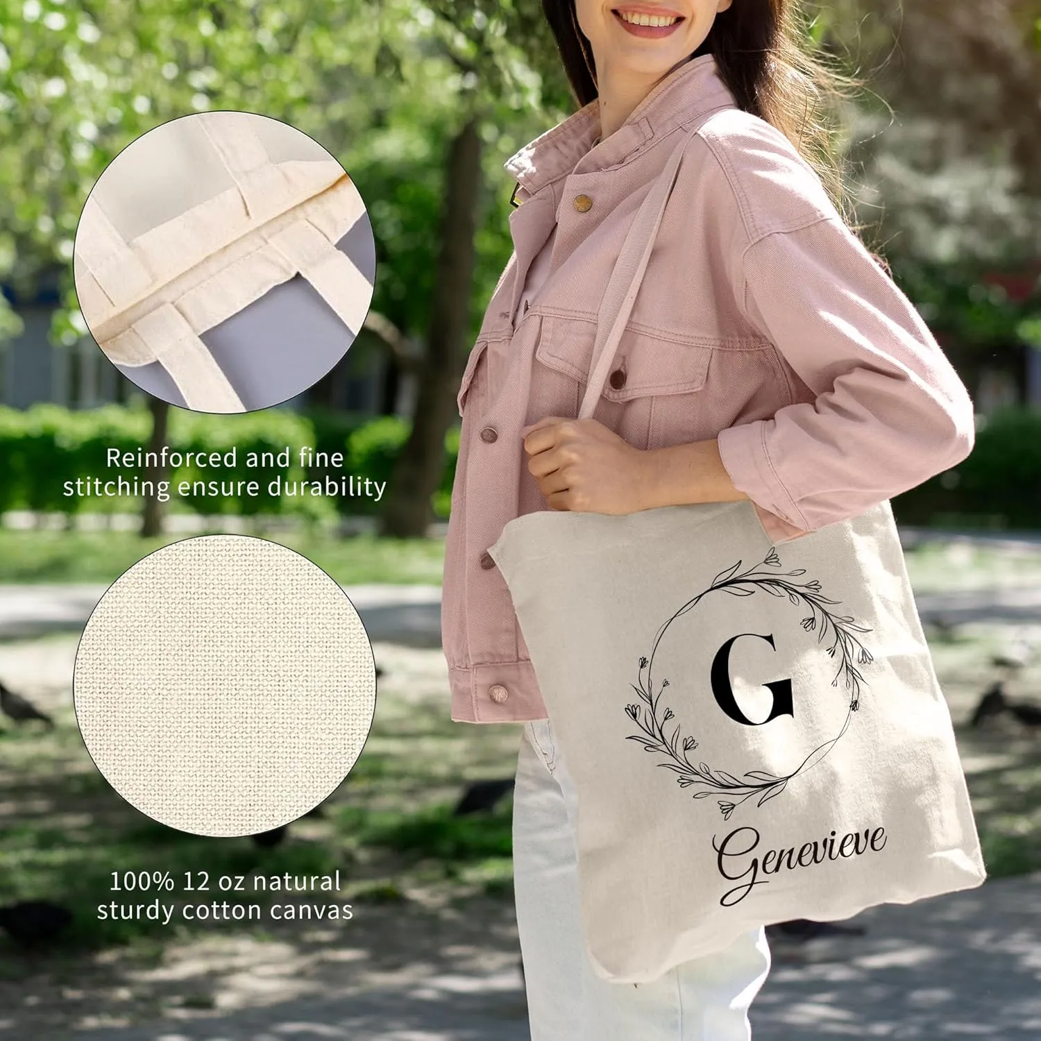 Easycosy Personalized Tote Bag Canvas Tote Bag with Picture Text Customized Reusable Grocery Bag Floral Gifts Bag for Women