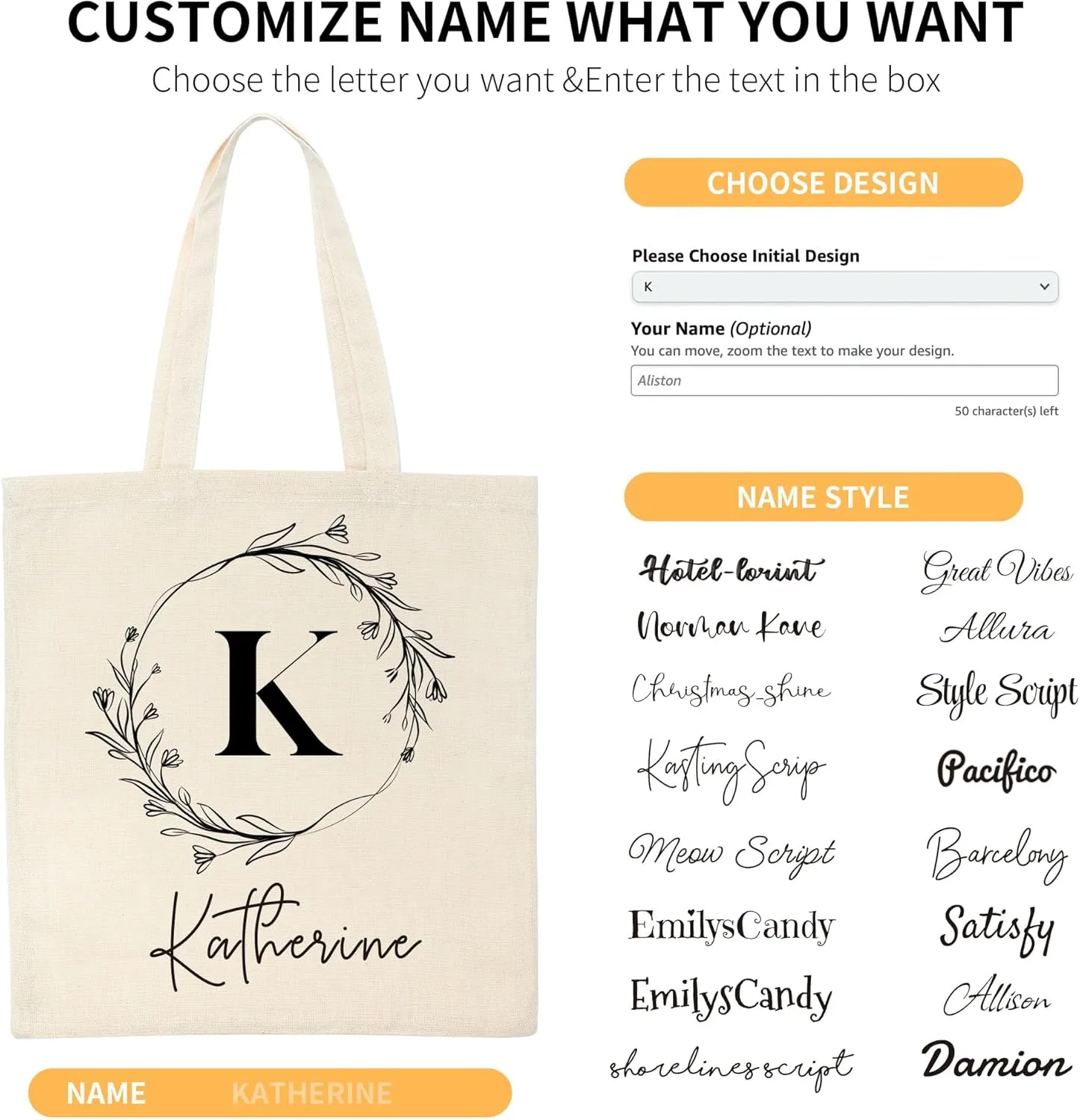 Easycosy Personalized Tote Bag Canvas Tote Bag with Picture Text Customized Reusable Grocery Bag Floral Gifts Bag for Women