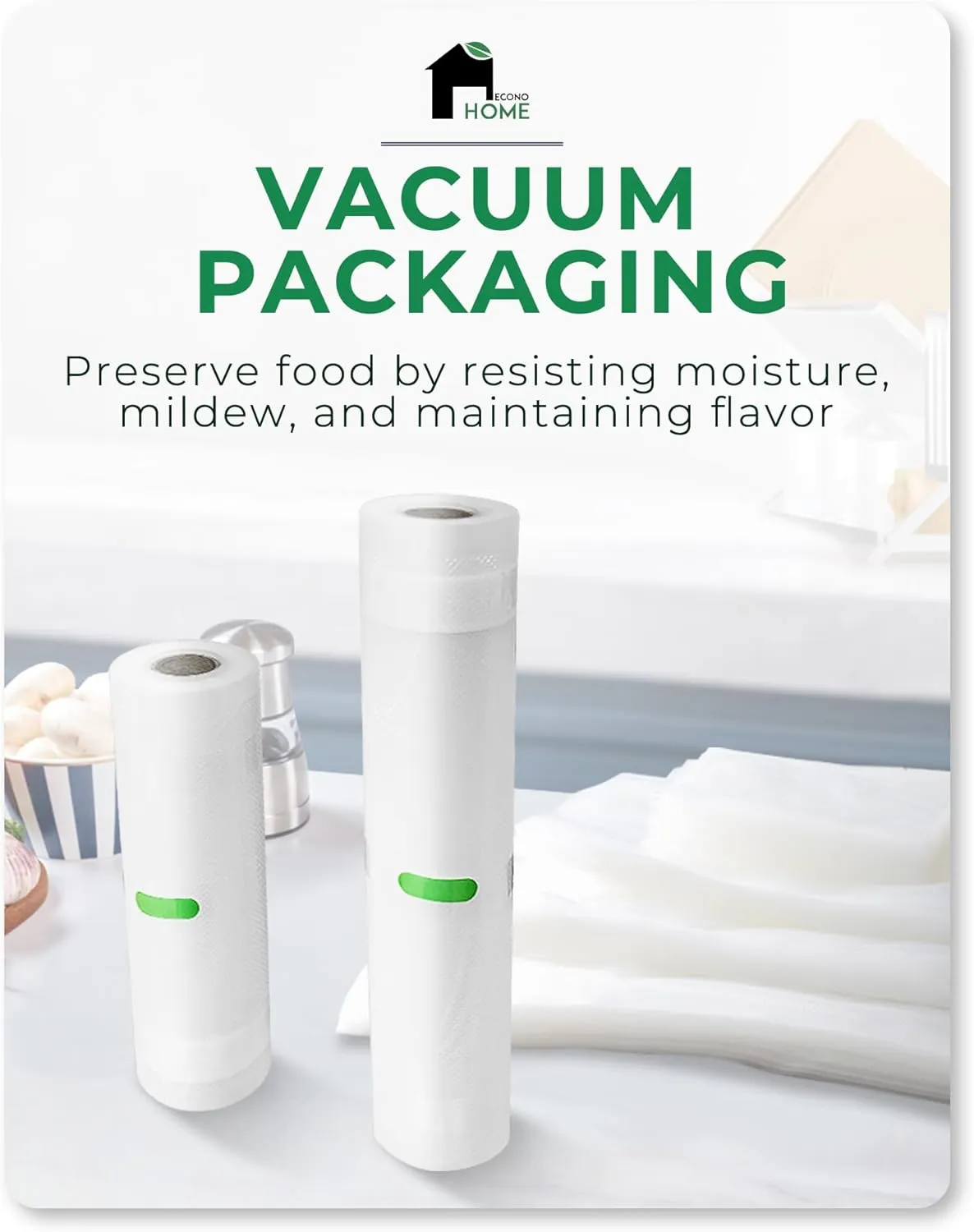EconoHome Heavy Duty Vacuum Seal Bags for Food - Commercial-Grade, Airtight & Leakproof Plastic Vacuum Storage Bags for Sous Vide, Meal Preparation, Processing & Dry Aging Meat - 8"x20' Roll, 8 Pack