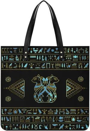 Egyptian Cats Hieroglyphs Gold Blue Women Tote Bags Top Handle Satchel Handbags PU Faux Leather Tassel Shoulder Purse