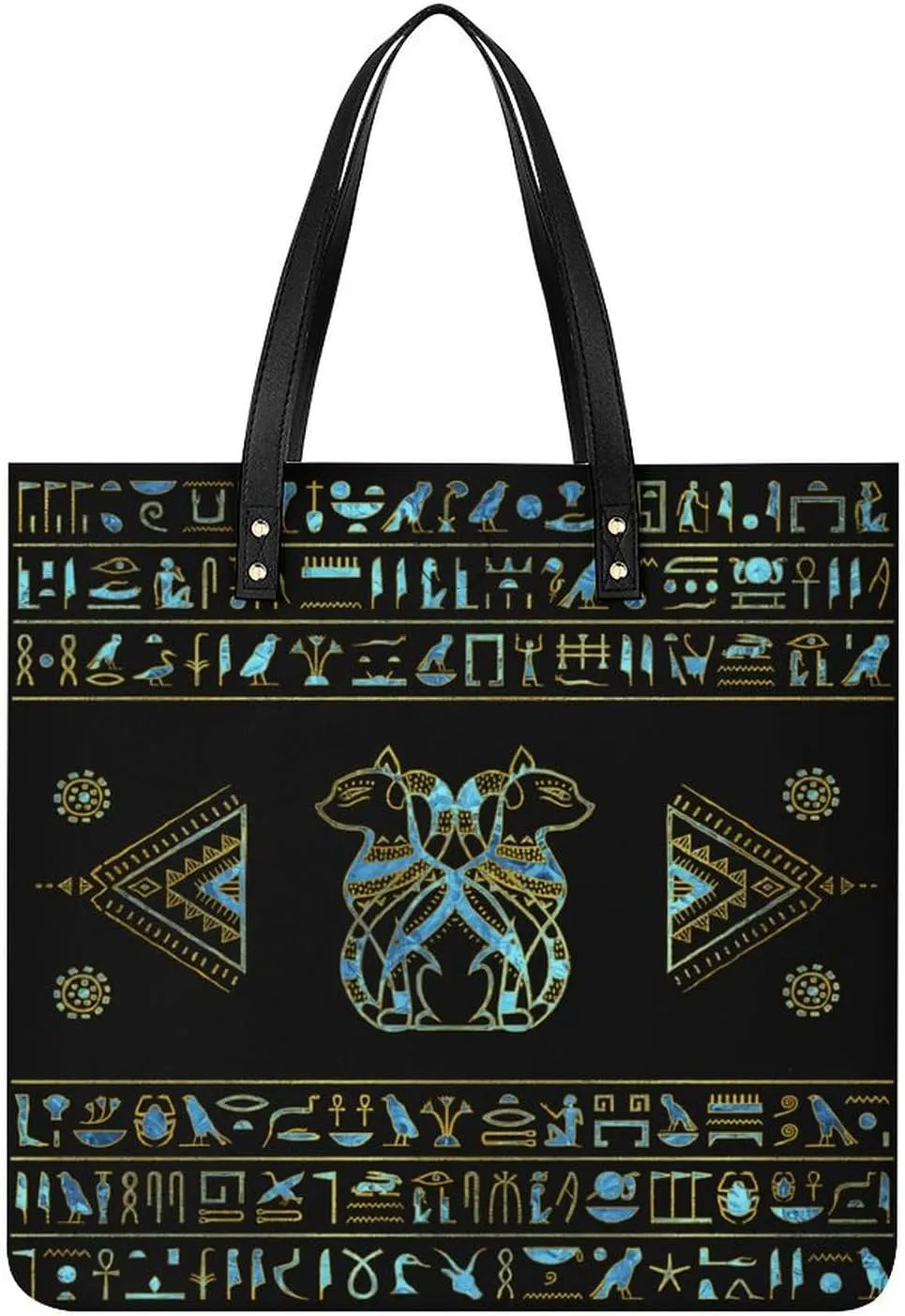 Egyptian Cats Hieroglyphs Gold Blue Women Tote Bags Top Handle Satchel Handbags PU Faux Leather Tassel Shoulder Purse