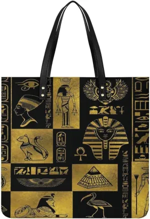 Egyptian Gold Hieroglyphs Symbols Women Tote Bags Top Handle Satchel Handbags PU Faux Leather Tassel Shoulder Purse