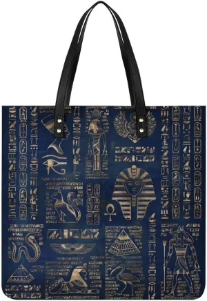 Egyptian Hieroglyphs Gold On Blue Marble Women Tote Bags Top Handle Satchel Handbags PU Faux Leather Tassel Shoulder Purse
