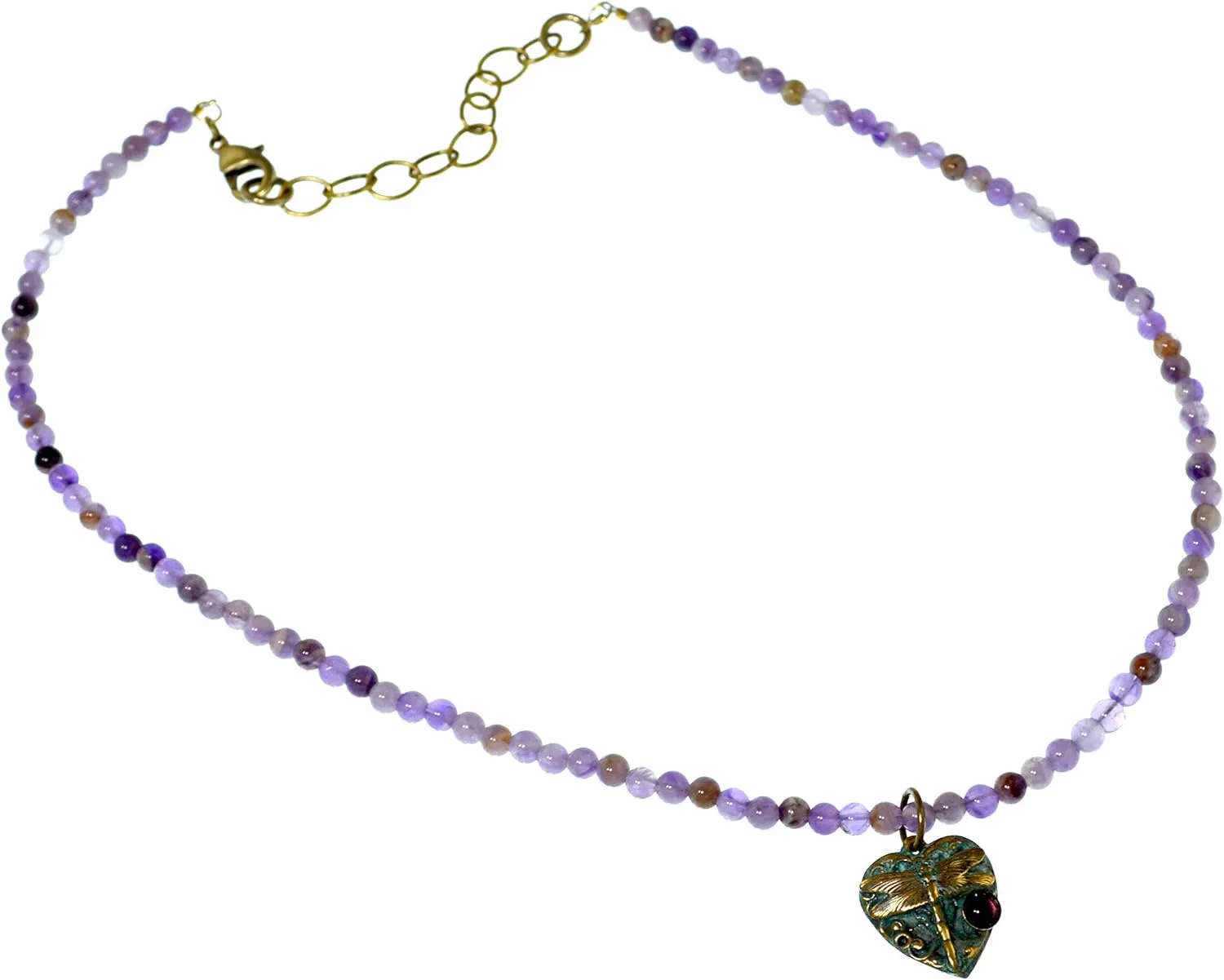 Elaine Coyne Collectible Artwear Patina Brass Delicate Neo-Victorian Dragonfly on Filigree Heart Necklace - Amethyst