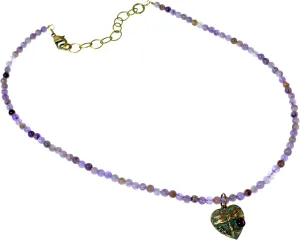 Elaine Coyne Collectible Artwear Patina Brass Delicate Neo-Victorian Dragonfly on Filigree Heart Necklace - Amethyst