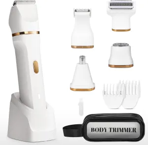 Electric Bikini Trimmer for Women - 5 in 1 Rechargeable Electric Razors for Women, IPX7 Waterproof Pubic Hair Trimmer, Painless Womens Body Shaver, Facial Razor & Nose Hair Shaver, White