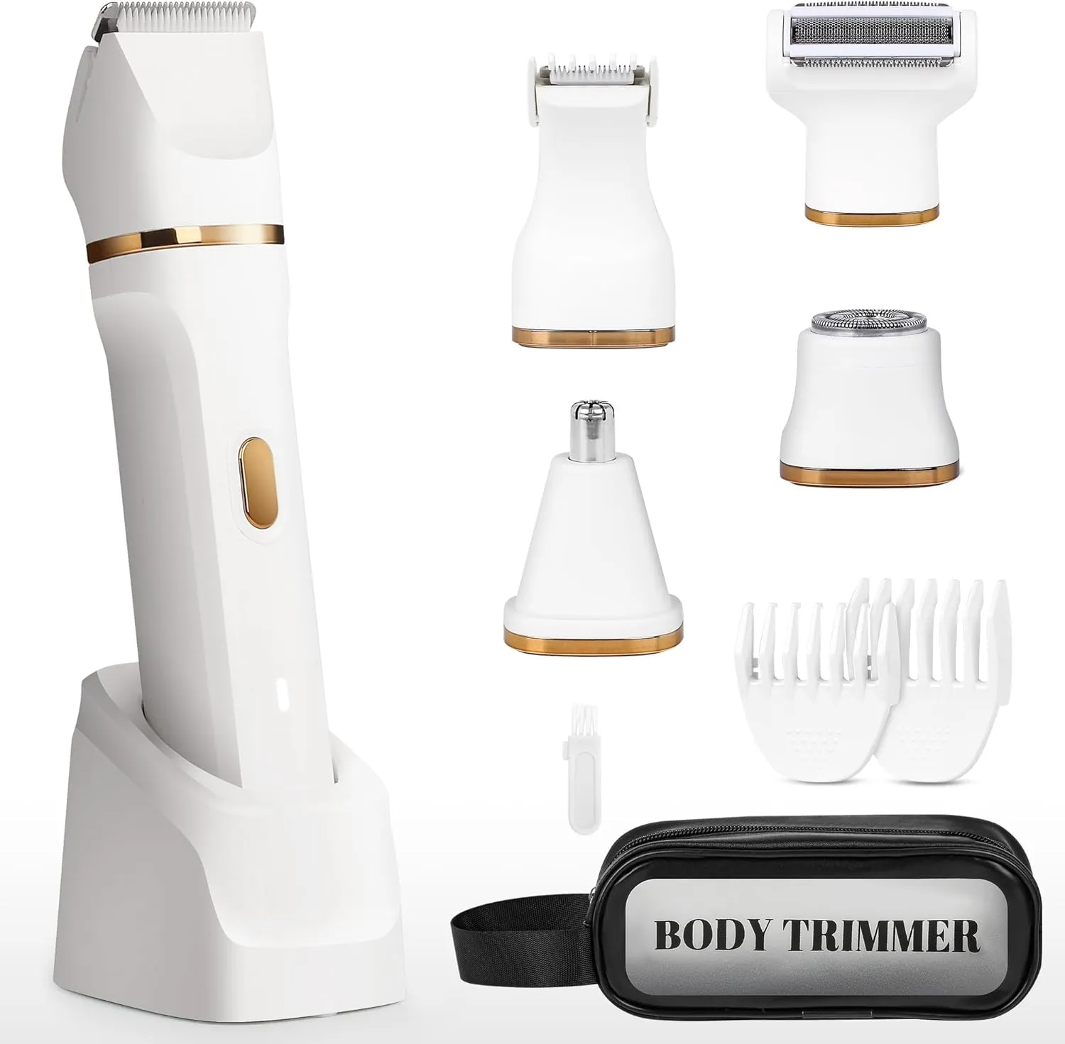Electric Bikini Trimmer for Women - 5 in 1 Rechargeable Electric Razors for Women, IPX7 Waterproof Pubic Hair Trimmer, Painless Womens Body Shaver, Facial Razor & Nose Hair Shaver, White