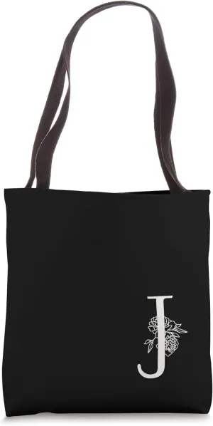 Elegant Black & White Botanical Floral Monogram Initial J Tote Bag