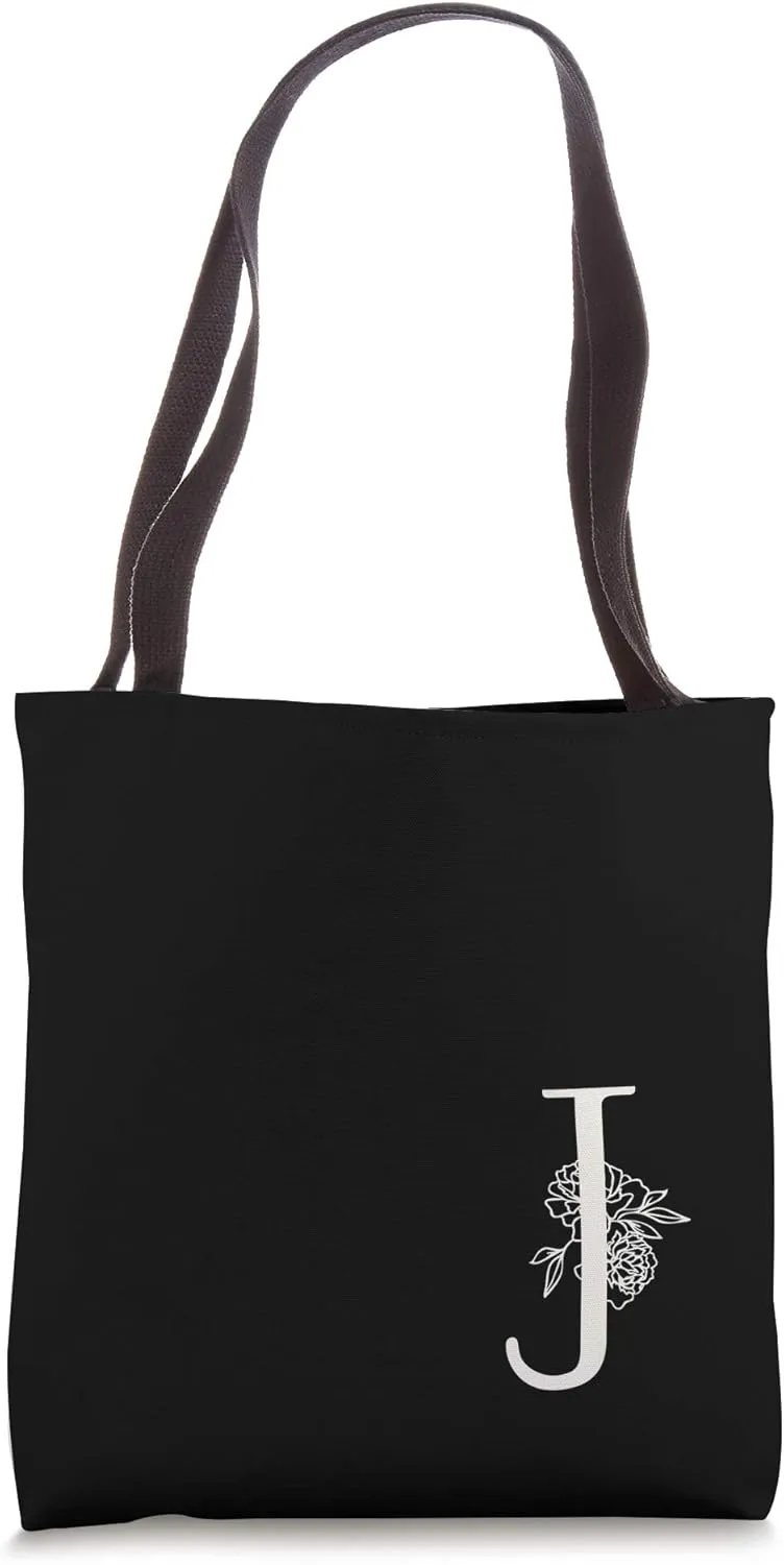 Elegant Black & White Botanical Floral Monogram Initial J Tote Bag