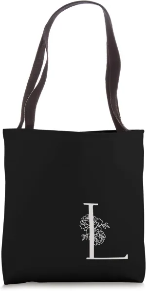 Elegant Black & White Botanical Floral Monogram Initial L Tote Bag