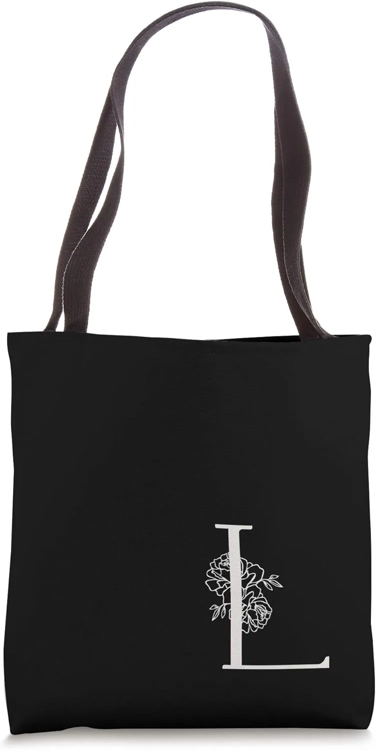 Elegant Black & White Botanical Floral Monogram Initial L Tote Bag