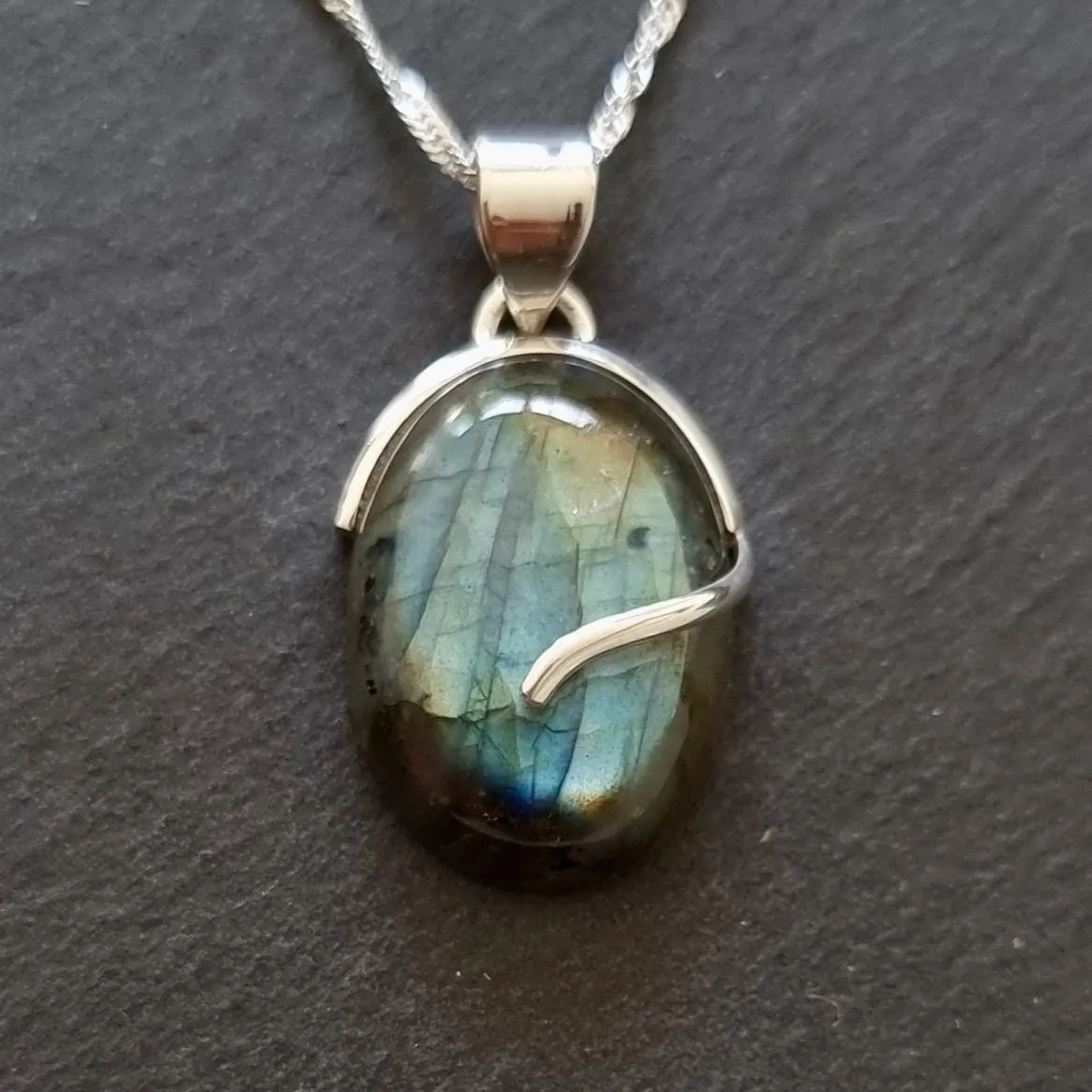 Elegant Oval Silver Overlay Labradorite 925 Sterling Silver Pendant, LABP23