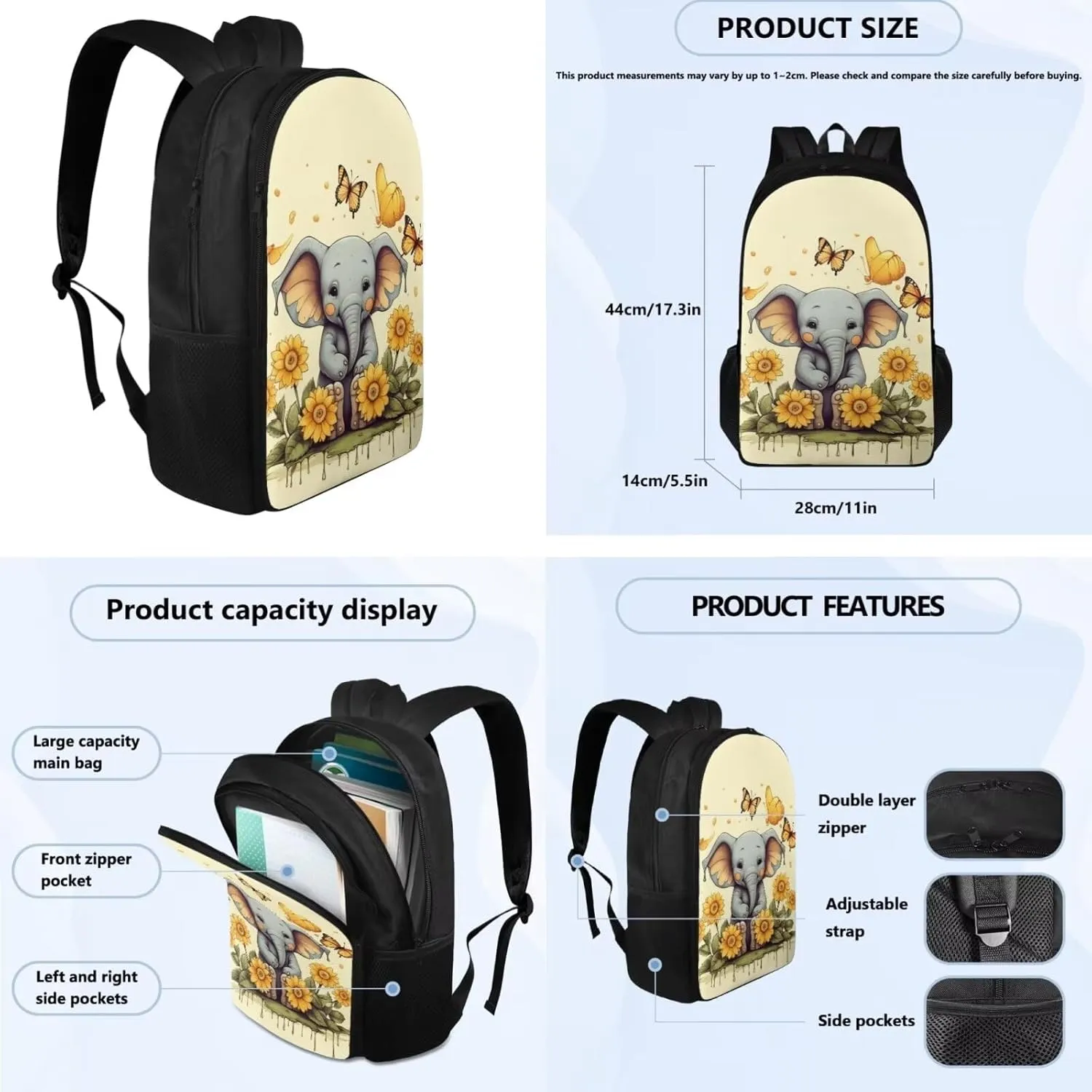Elephant Print Girls Bookbag with Lunch Box 5th Grade Shoulder Bag for School Removable Strap Hand Carry Lunch Box Backpack Pencil Pouch for Junior Middle School