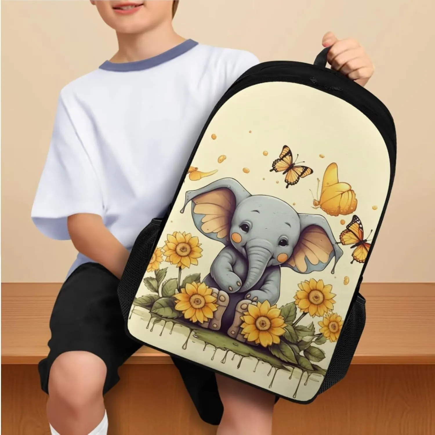 Elephant Print Girls Bookbag with Lunch Box 5th Grade Shoulder Bag for School Removable Strap Hand Carry Lunch Box Backpack Pencil Pouch for Junior Middle School