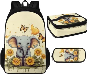 Elephant Print Girls Bookbag with Lunch Box 5th Grade Shoulder Bag for School Removable Strap Hand Carry Lunch Box Backpack Pencil Pouch for Junior Middle School