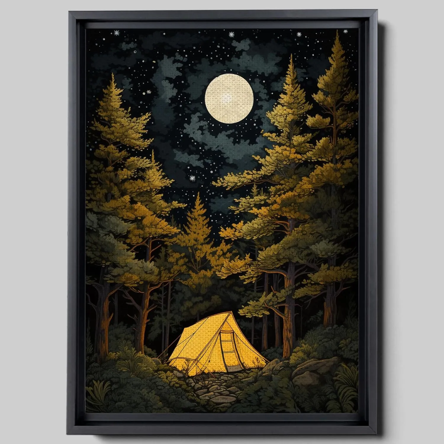Elevated Adventures, My Heart Leaps Up, Linocut Reduction Print for Tent Camping and Nature Enthusiasts, Hiking, Stargazing, and Milky Way, Canvas, Framed, Wall