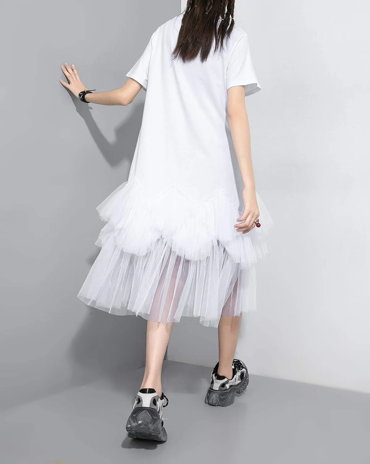 ellazhu Women's Casual Short Sleeve Crew Neck Tutu Tulle Dress with an Oversized Fit GY2266