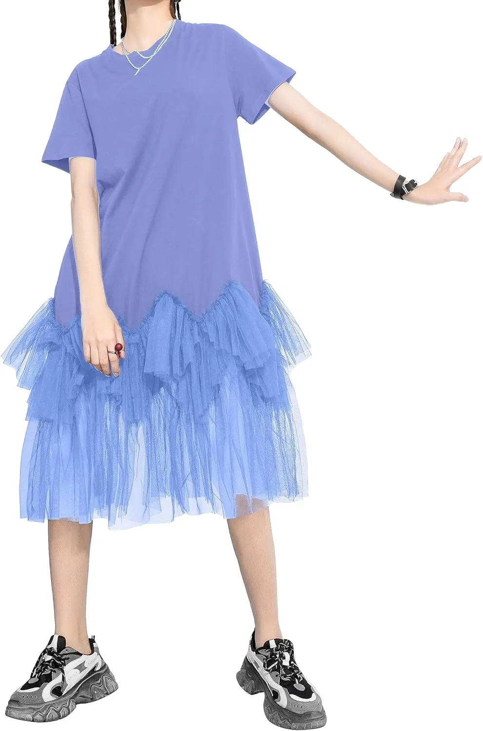 ellazhu Women's Casual Short Sleeve Crew Neck Tutu Tulle Dress with an Oversized Fit GY2266