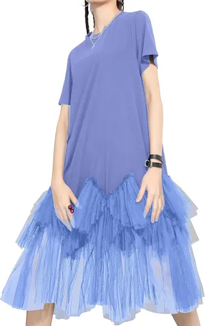 ellazhu Women's Casual Short Sleeve Crew Neck Tutu Tulle Dress with an Oversized Fit GY2266