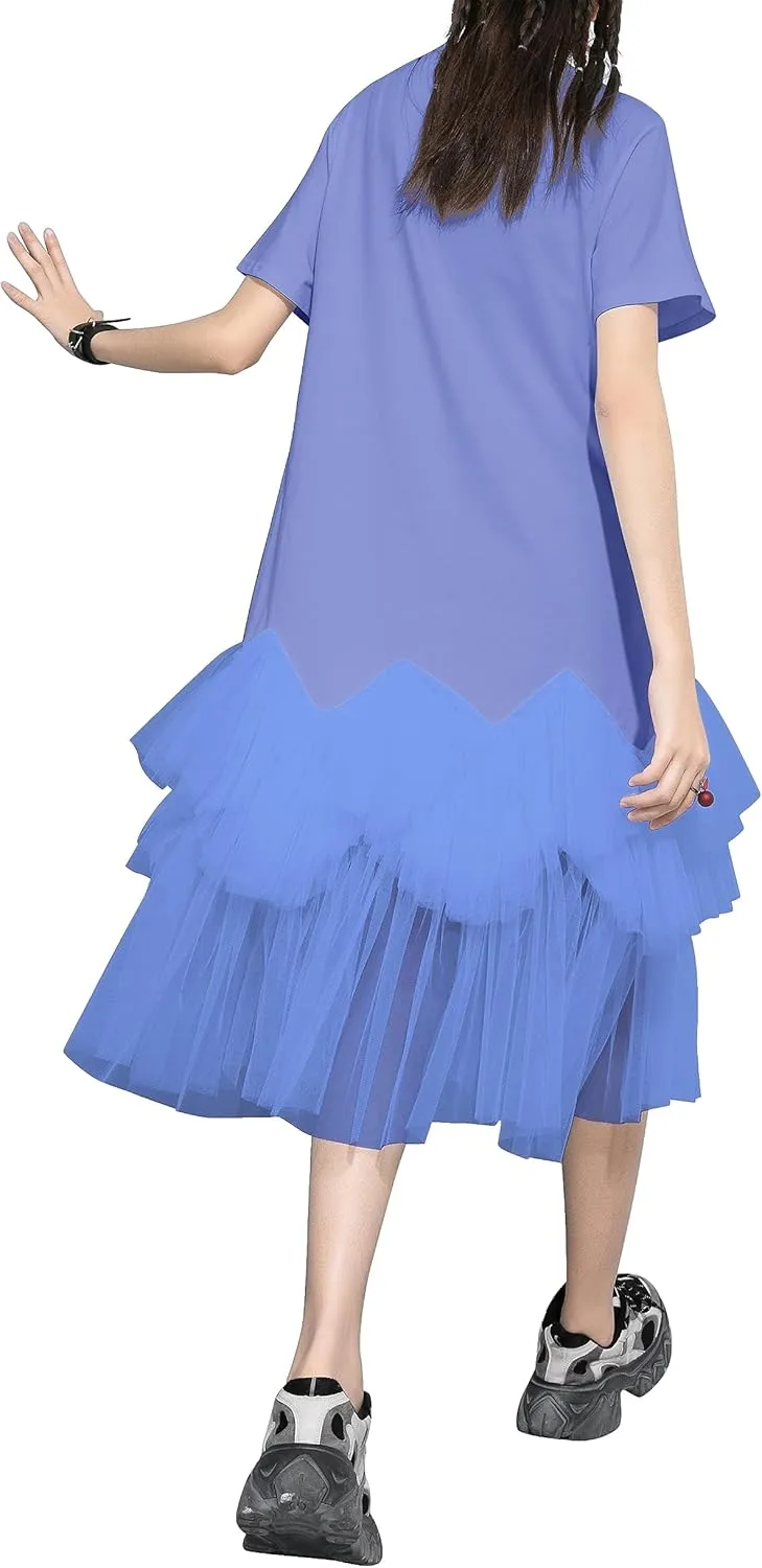 ellazhu Women's Casual Short Sleeve Crew Neck Tutu Tulle Dress with an Oversized Fit GY2266