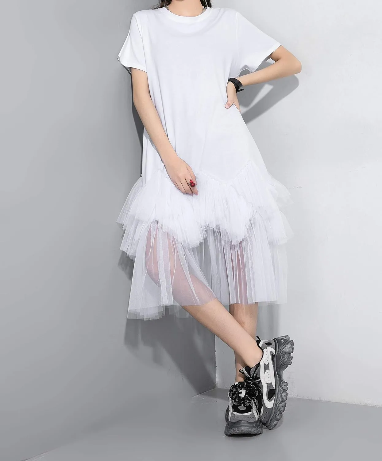 ellazhu Women's Casual Short Sleeve Crew Neck Tutu Tulle Dress with an Oversized Fit GY2266