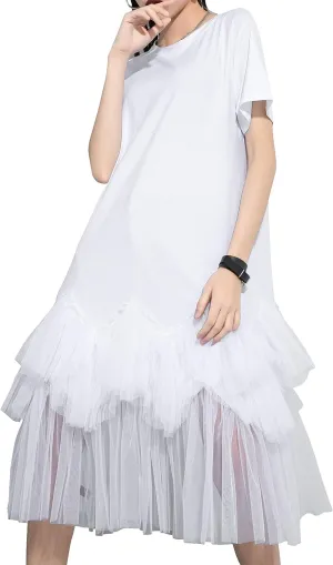 ellazhu Women's Casual Short Sleeve Crew Neck Tutu Tulle Dress with an Oversized Fit GY2266
