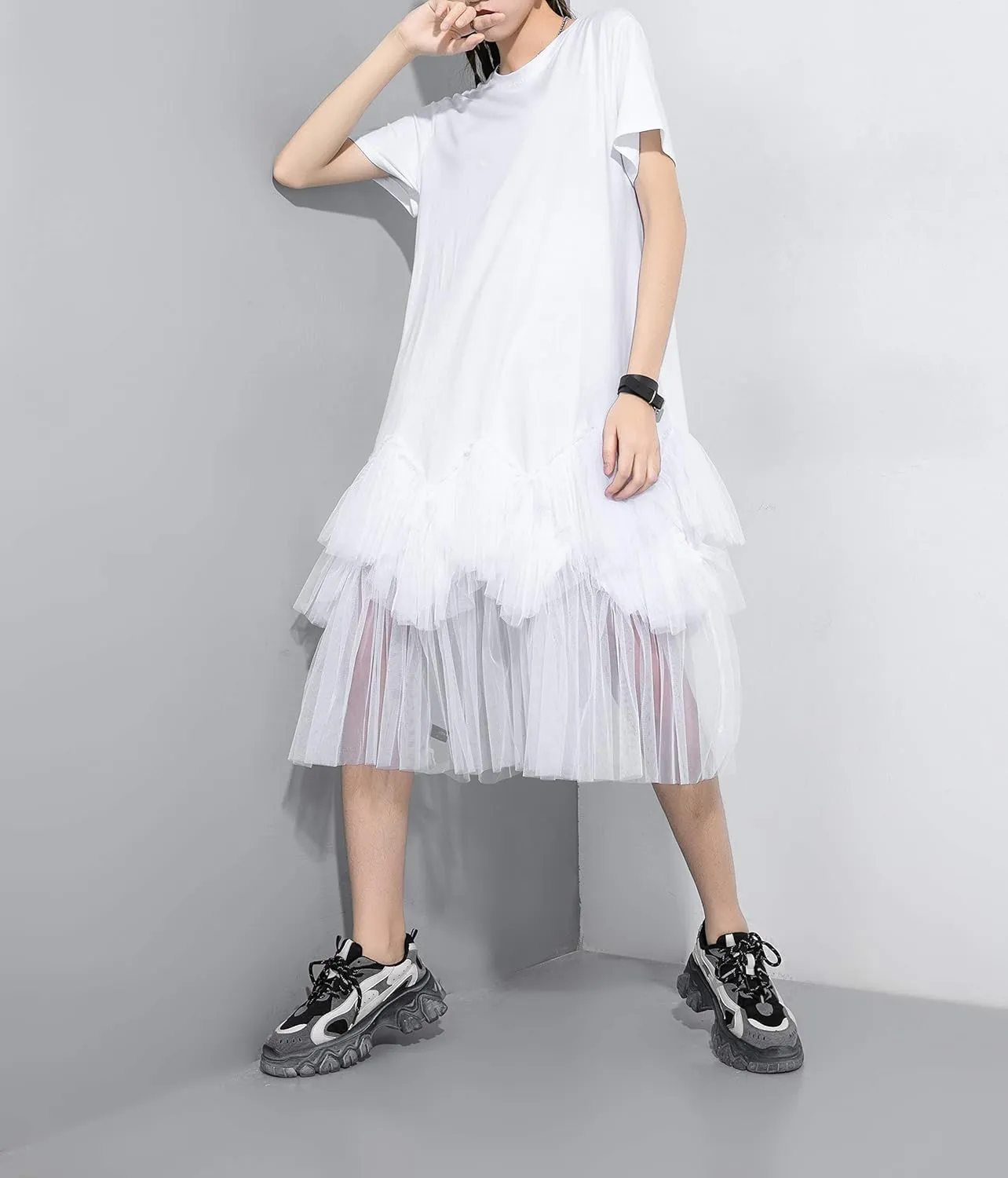 ellazhu Women's Casual Short Sleeve Crew Neck Tutu Tulle Dress with an Oversized Fit GY2266