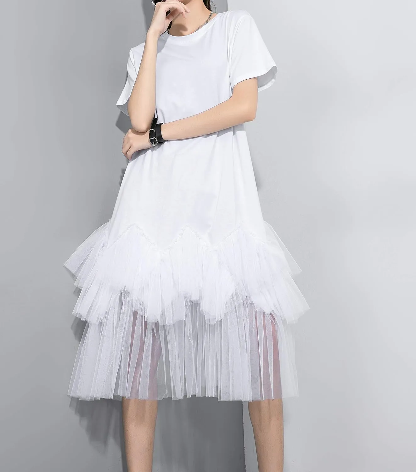ellazhu Women's Casual Short Sleeve Crew Neck Tutu Tulle Dress with an Oversized Fit GY2266