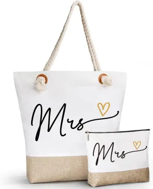Engagement Gift Canvas Tote Bride Bag, Bride Bag with Makeup Bags for Bachelorette Party, Engagement, Wedding, Beach Bags with Zipper, Gifts for Newly Couples ﻿