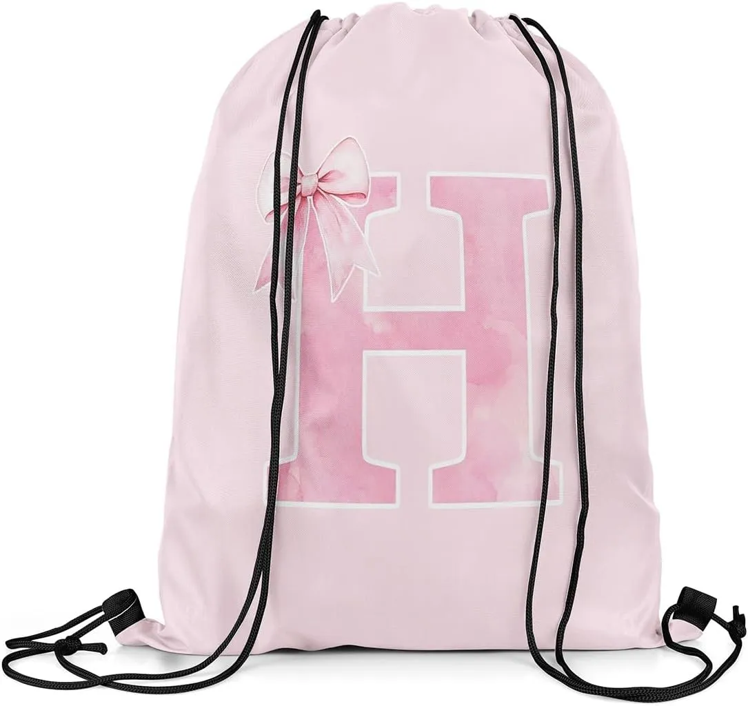 Erosebridal Bowknot Drawstring Bags 13x15.7,Monogrammed Bows Drawstring Backpack,Initial Birthday Gifts String Backpack,Unique Customized Bedroom Room Decor for Sport Gym Swim Yoga(H)