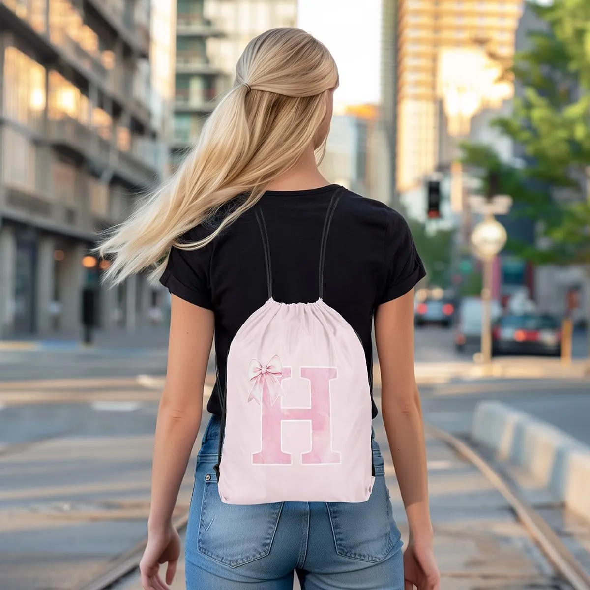 Erosebridal Bowknot Drawstring Bags 13x15.7,Monogrammed Bows Drawstring Backpack,Initial Birthday Gifts String Backpack,Unique Customized Bedroom Room Decor for Sport Gym Swim Yoga(H)