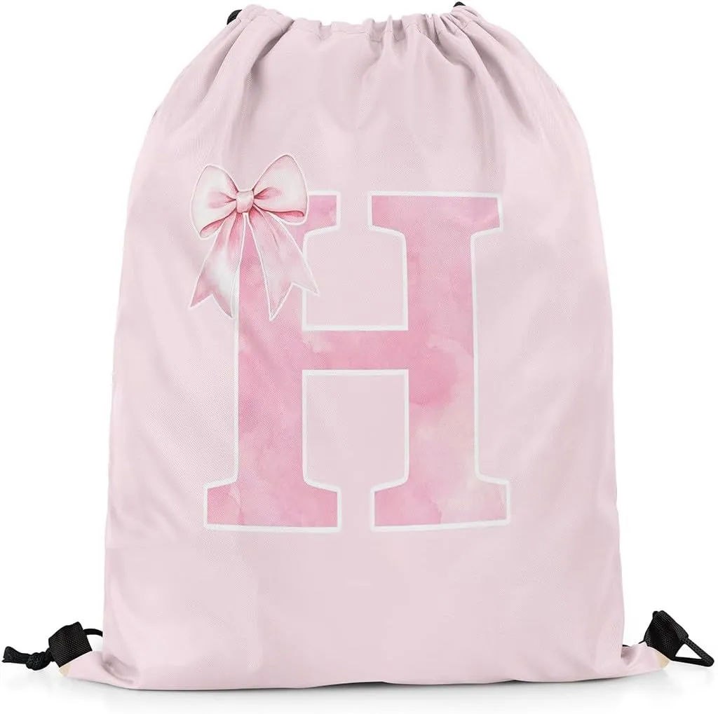 Erosebridal Bowknot Drawstring Bags 13x15.7,Monogrammed Bows Drawstring Backpack,Initial Birthday Gifts String Backpack,Unique Customized Bedroom Room Decor for Sport Gym Swim Yoga(H)