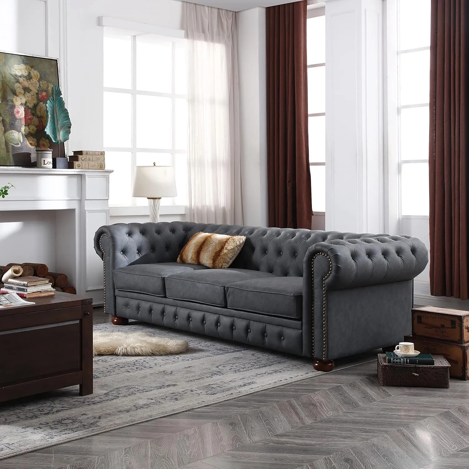 ERYE Clasic Chesterfield 3 Seaters Sofa Couch Luxury Roller Armrest,Special Soild Wood Legs, Faux Leather Upholstered Button Tufted Sofa&Couch with Removable Cushions & Nailhead Decor