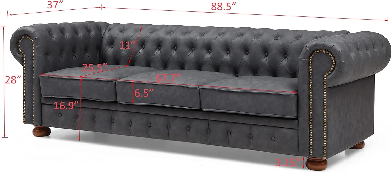 ERYE Clasic Chesterfield 3 Seaters Sofa Couch Luxury Roller Armrest,Special Soild Wood Legs, Faux Leather Upholstered Button Tufted Sofa&Couch with Removable Cushions & Nailhead Decor