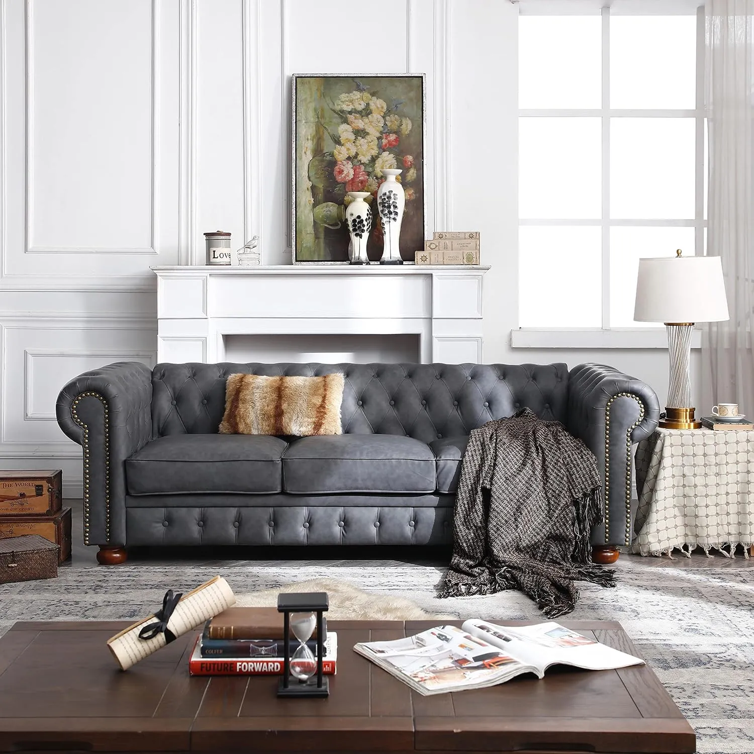 ERYE Clasic Chesterfield 3 Seaters Sofa Couch Luxury Roller Armrest,Special Soild Wood Legs, Faux Leather Upholstered Button Tufted Sofa&Couch with Removable Cushions & Nailhead Decor